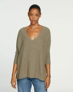 Kujten Sweaters & Sweatshirts>3/4 Sleeves Oversized Cashmere Sweater Kaki Chine
