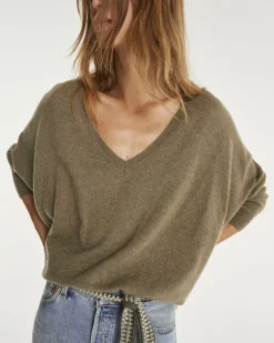 Kujten Sweaters & Sweatshirts>3/4 Sleeves V-Neck Cashmere Sweater, 2-Threads Kaki Chine
