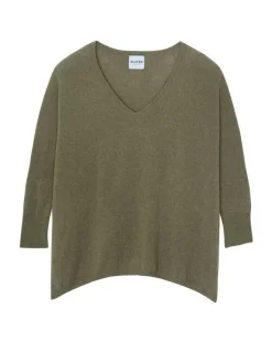 Kujten Sweaters & Sweatshirts>3/4 Sleeves V-Neck Cashmere Sweater, 2-Threads Kaki Chine