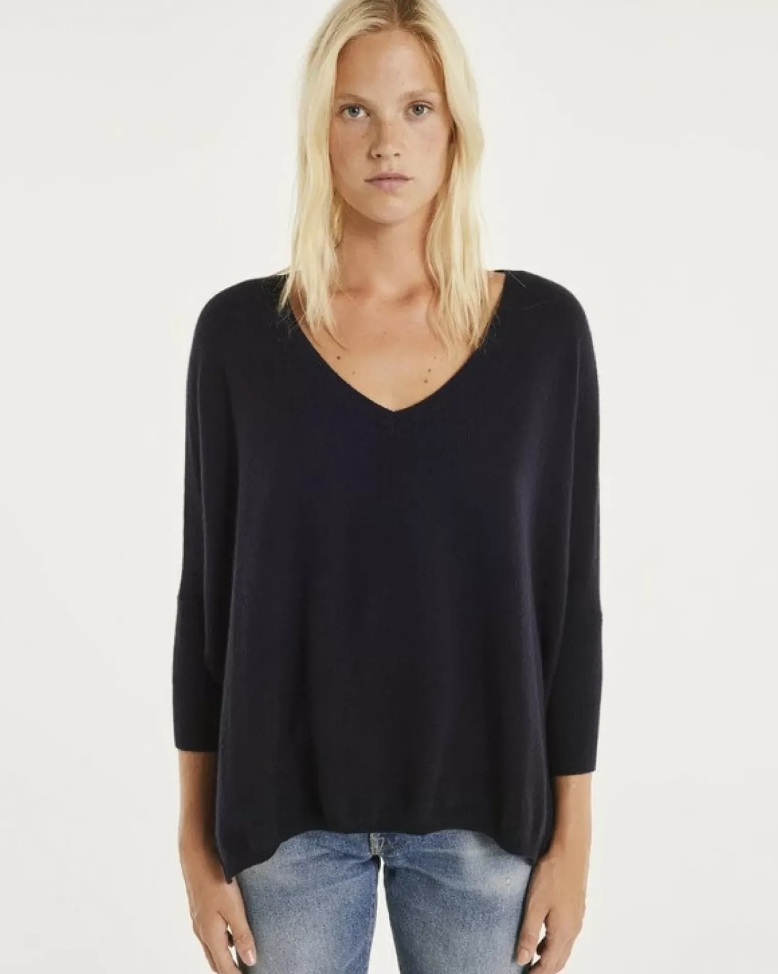 Kujten Sweaters & Sweatshirts>3/4 Sleeves V-Neck Cashmere Sweater Bleu Marine Fonce