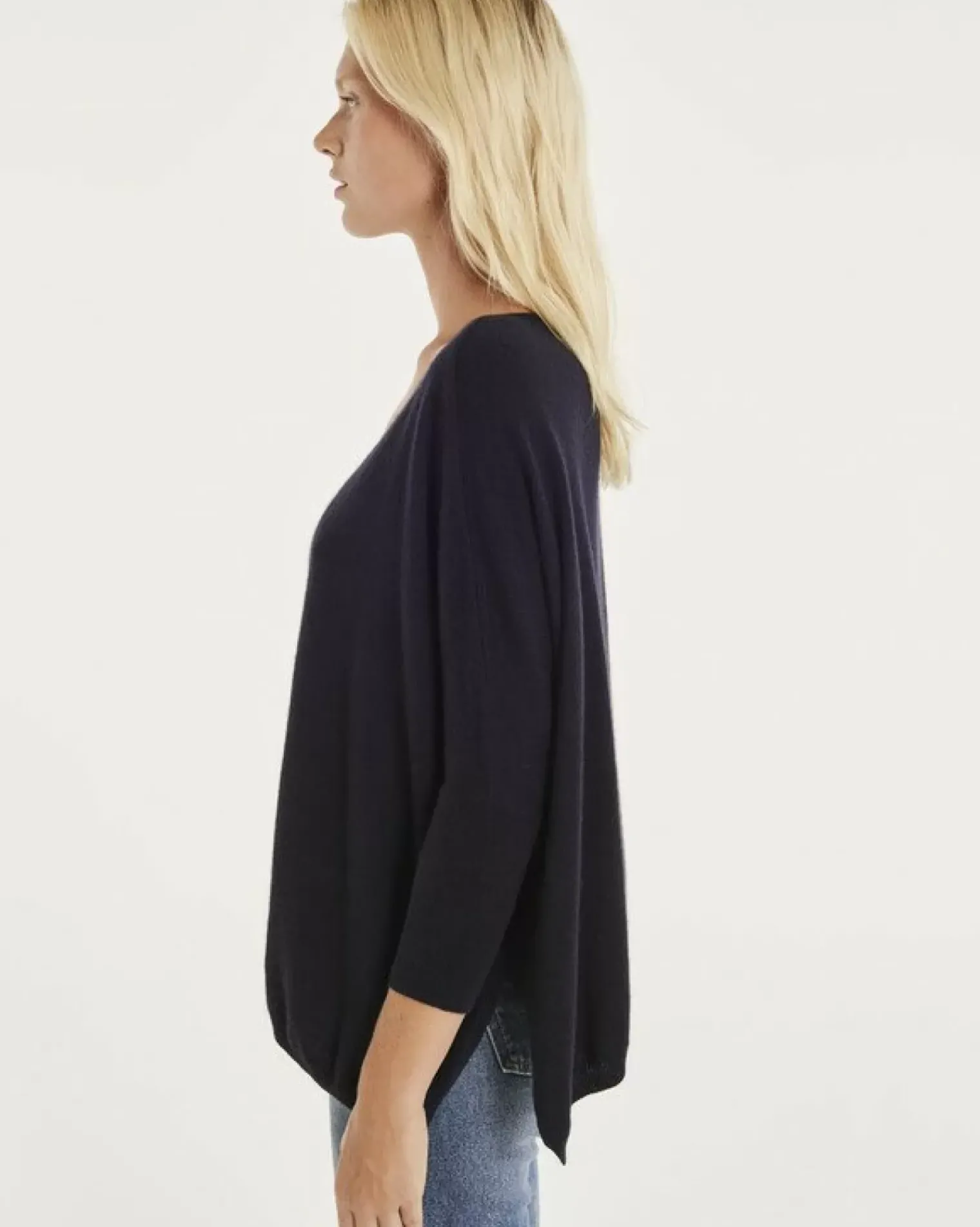 Kujten Sweaters & Sweatshirts>3/4 Sleeves V-Neck Cashmere Sweater Bleu Marine Fonce