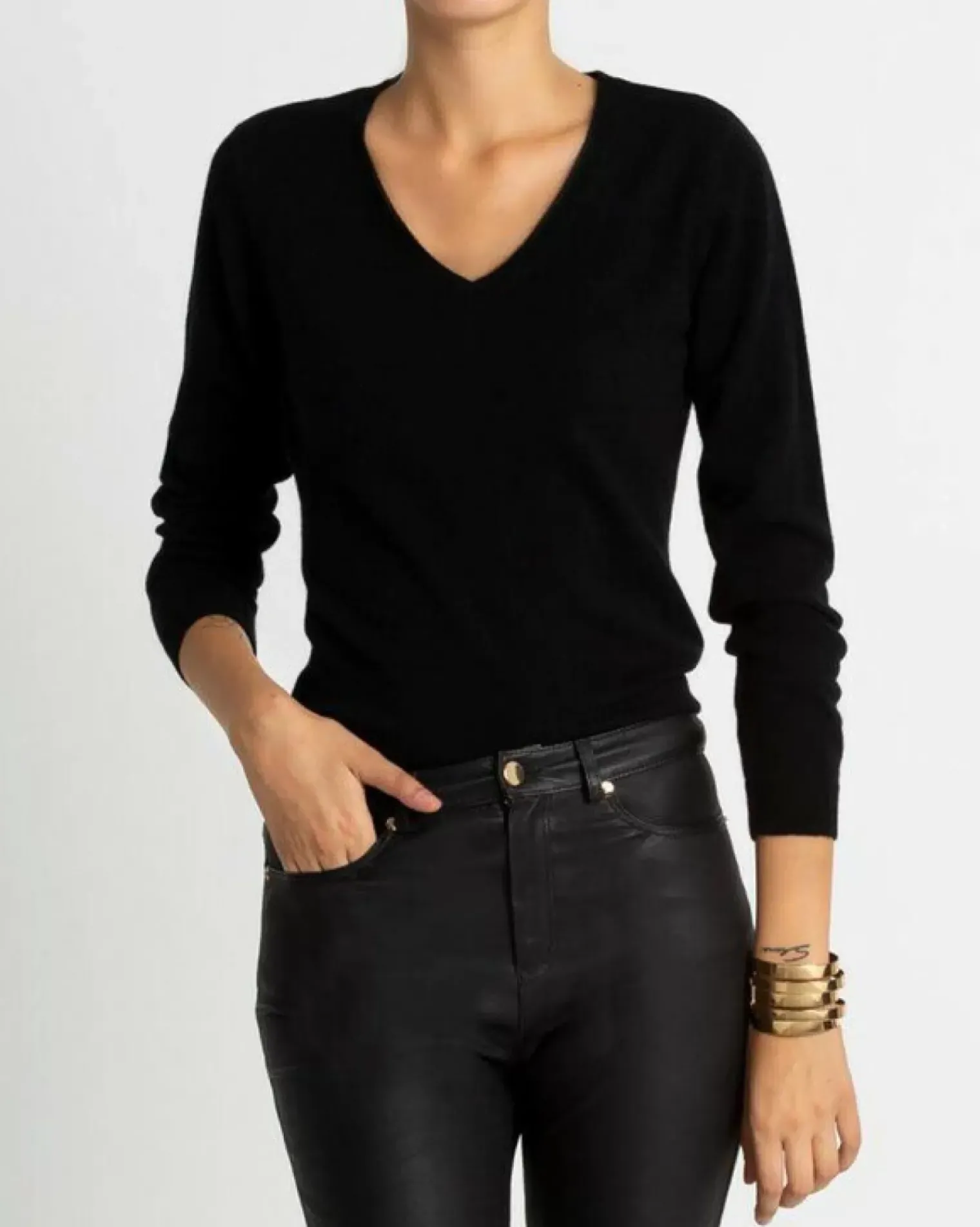 Kujten Sweaters & Sweatshirts>Basic Long Sleeves Cashmere Sweater, 2-Threads Noir
