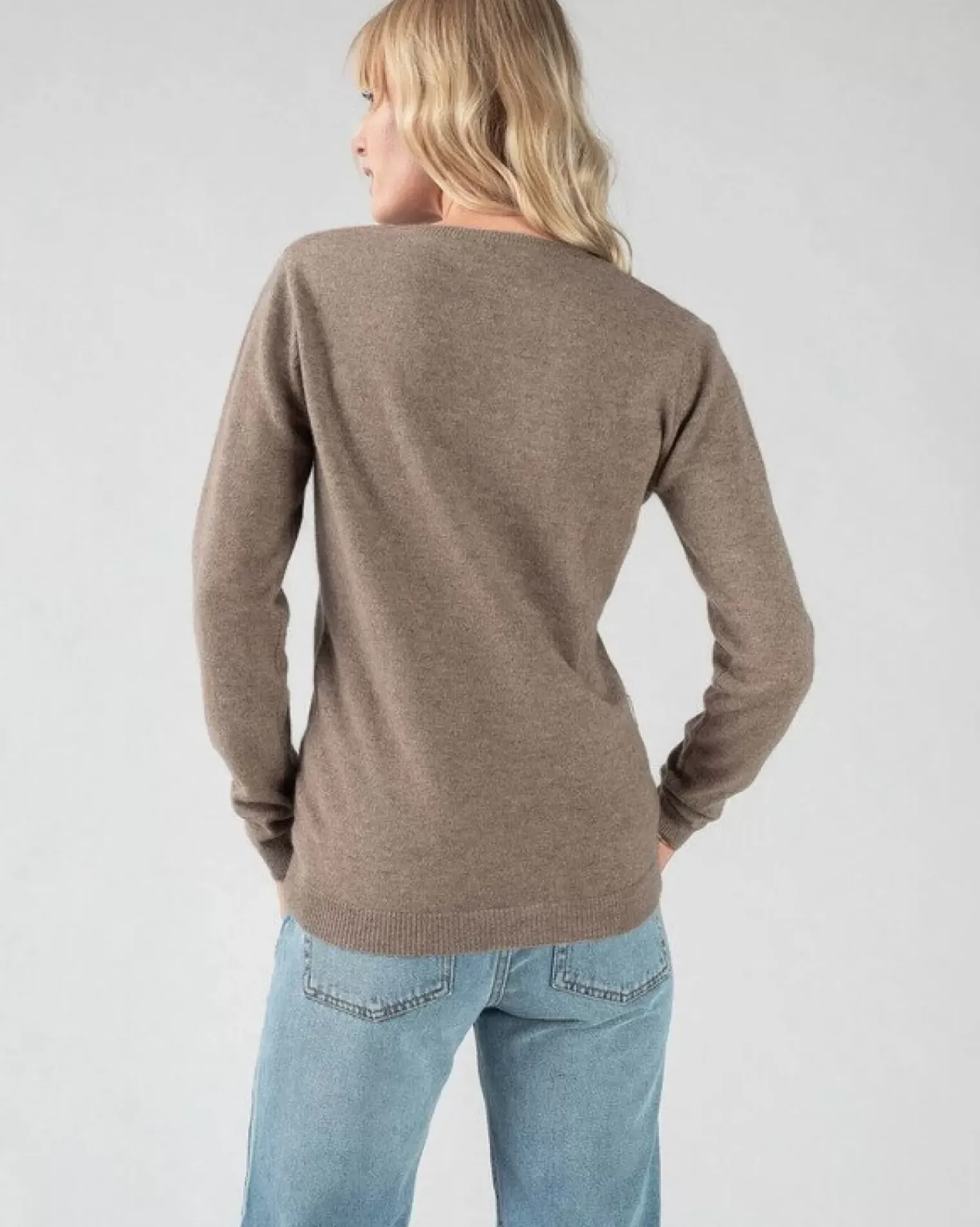 Kujten Sweaters & Sweatshirts>Basic Long Sleeves Cashmere Sweater, 2-Threads Beige Taupe