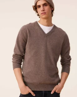 Kujten Sweaters & Sweatshirts>Basic Men V-Neck Cashmere Sweater, 2-Threads Taupe Mouline