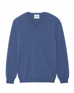 Kujten Sweaters & Sweatshirts>Basic Men V-Neck Cashmere Sweater Bleu Denim
