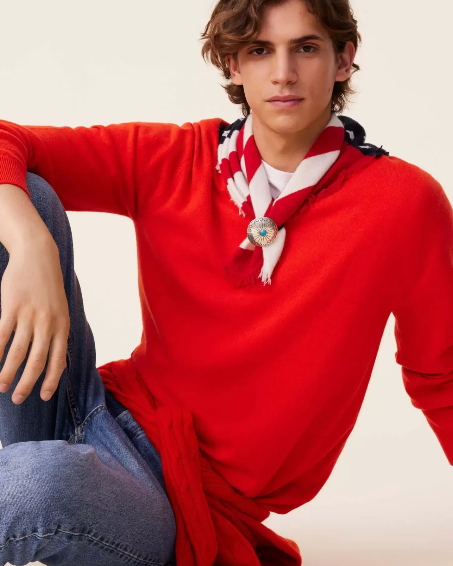 Kujten Sweaters & Sweatshirts>Basic Men V-Neck Cashmere Sweater, 2-Threads Orange Rosso
