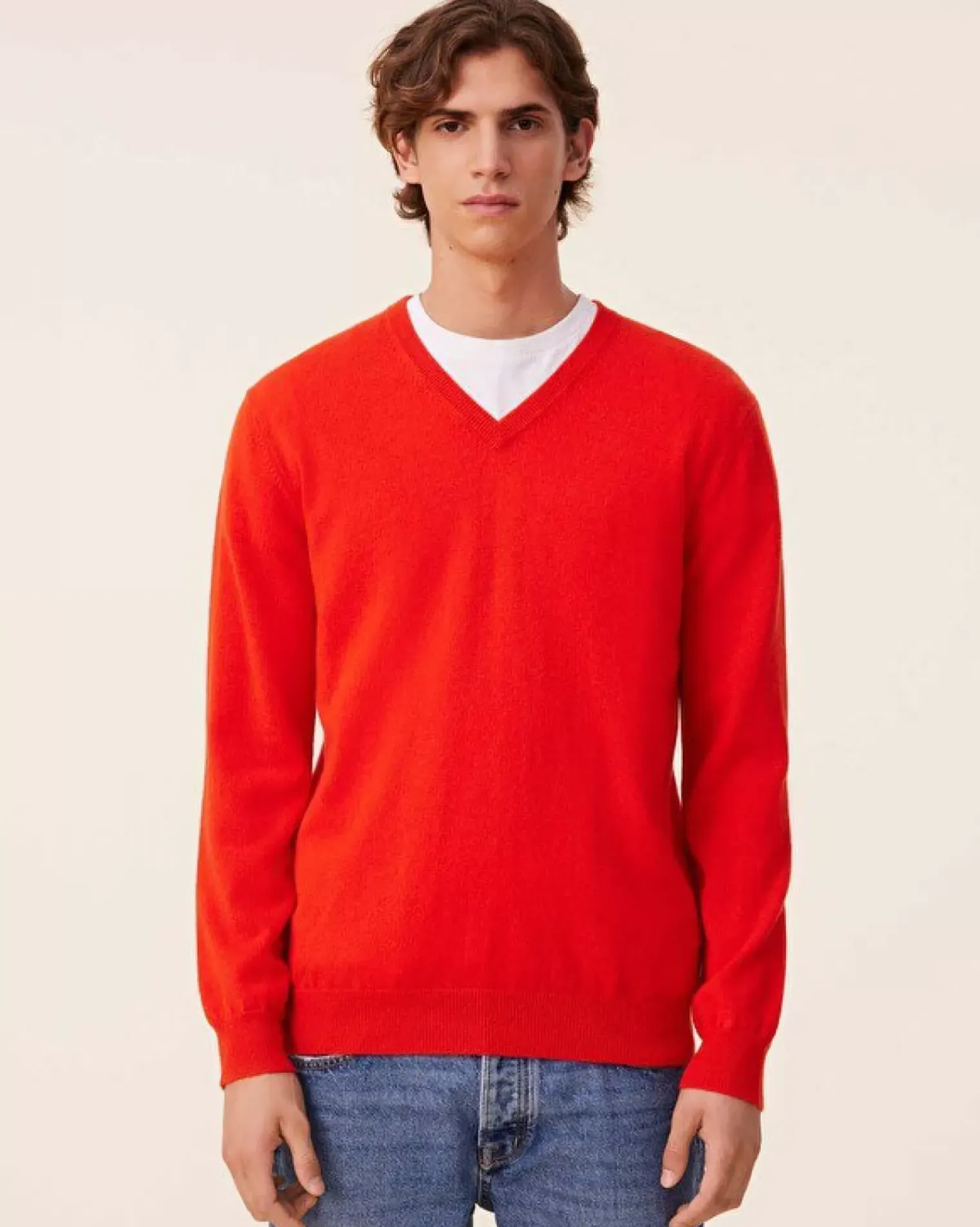 Kujten Sweaters & Sweatshirts>Basic Men V-Neck Cashmere Sweater, 2-Threads Orange Rosso