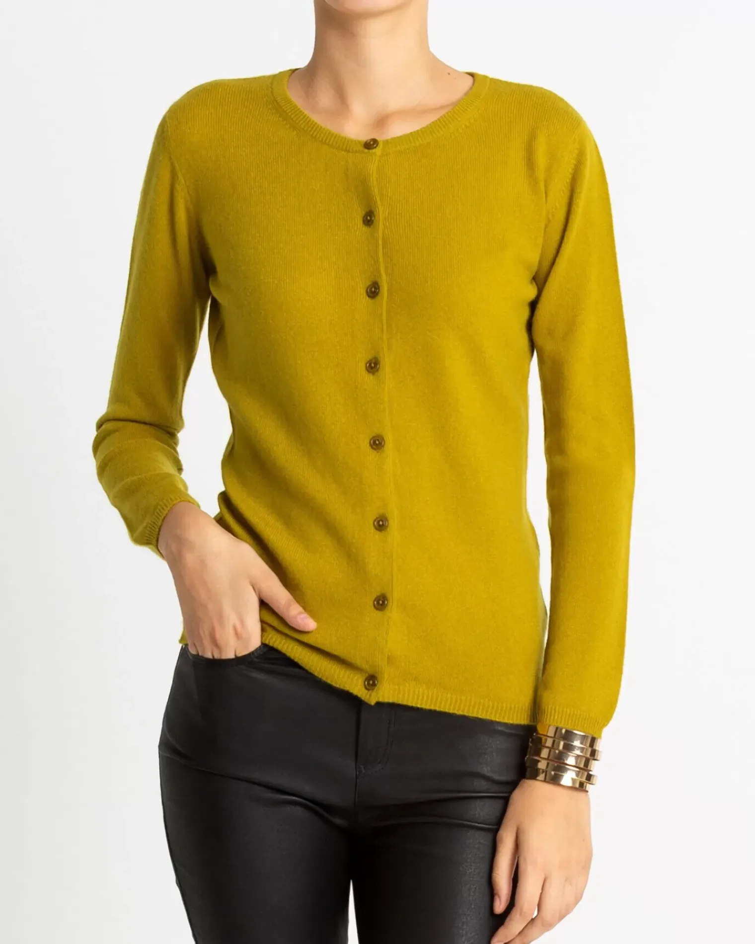 Kujten Jackets & Vests>Basic Round Neck Woman Cashmere Cardigan Vert Olive