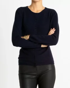Kujten Jackets & Vests>Basic Round Neck Woman Cashmere Cardigan Bleu Marine Fonce