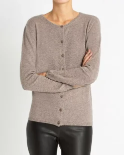 Kujten Jackets & Vests>Basic Round Neck Woman Cashmere Cardigan Beige Taupe Chine