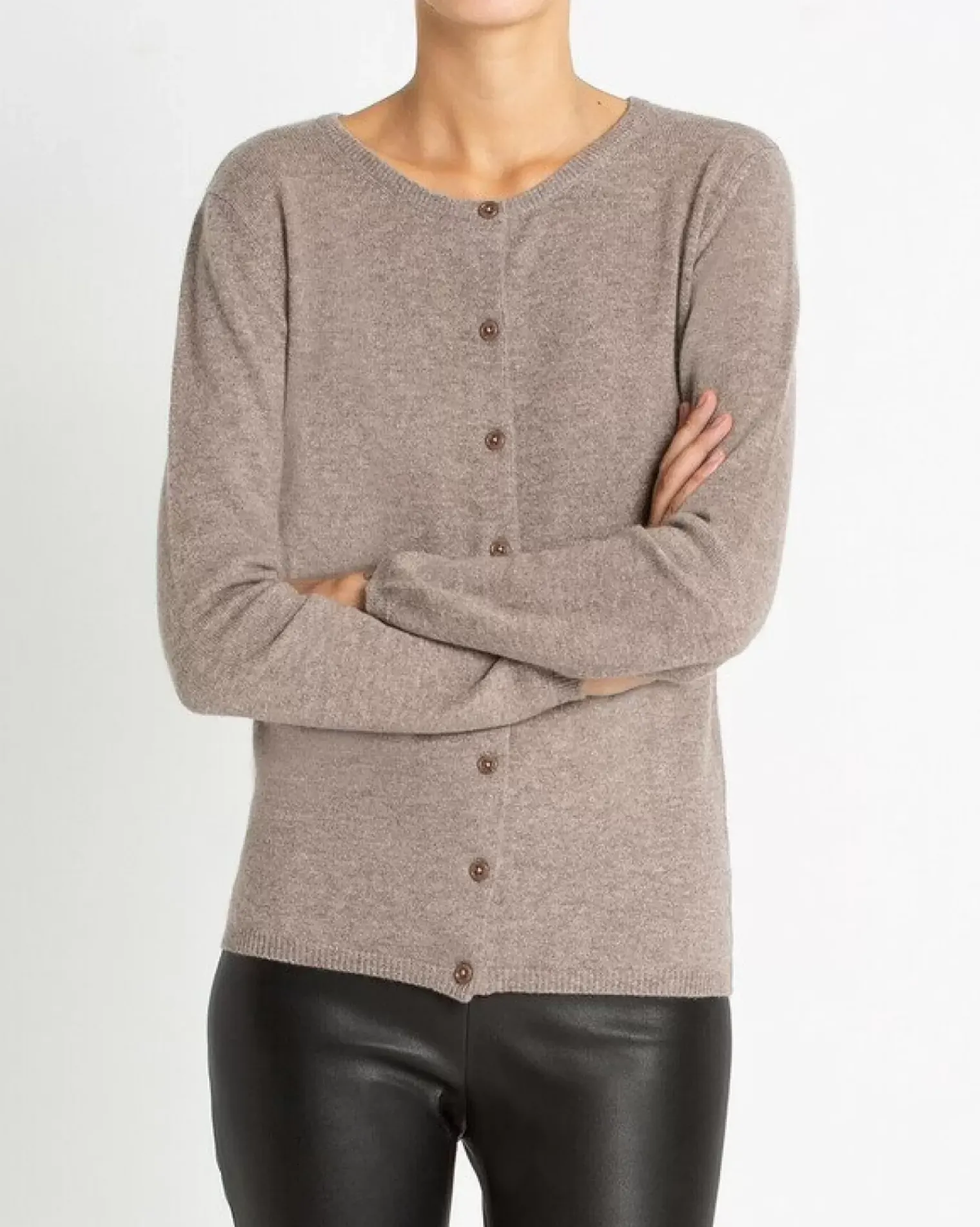 Kujten Jackets & Vests>Basic Round Neck Woman Cashmere Cardigan Beige Taupe Chine