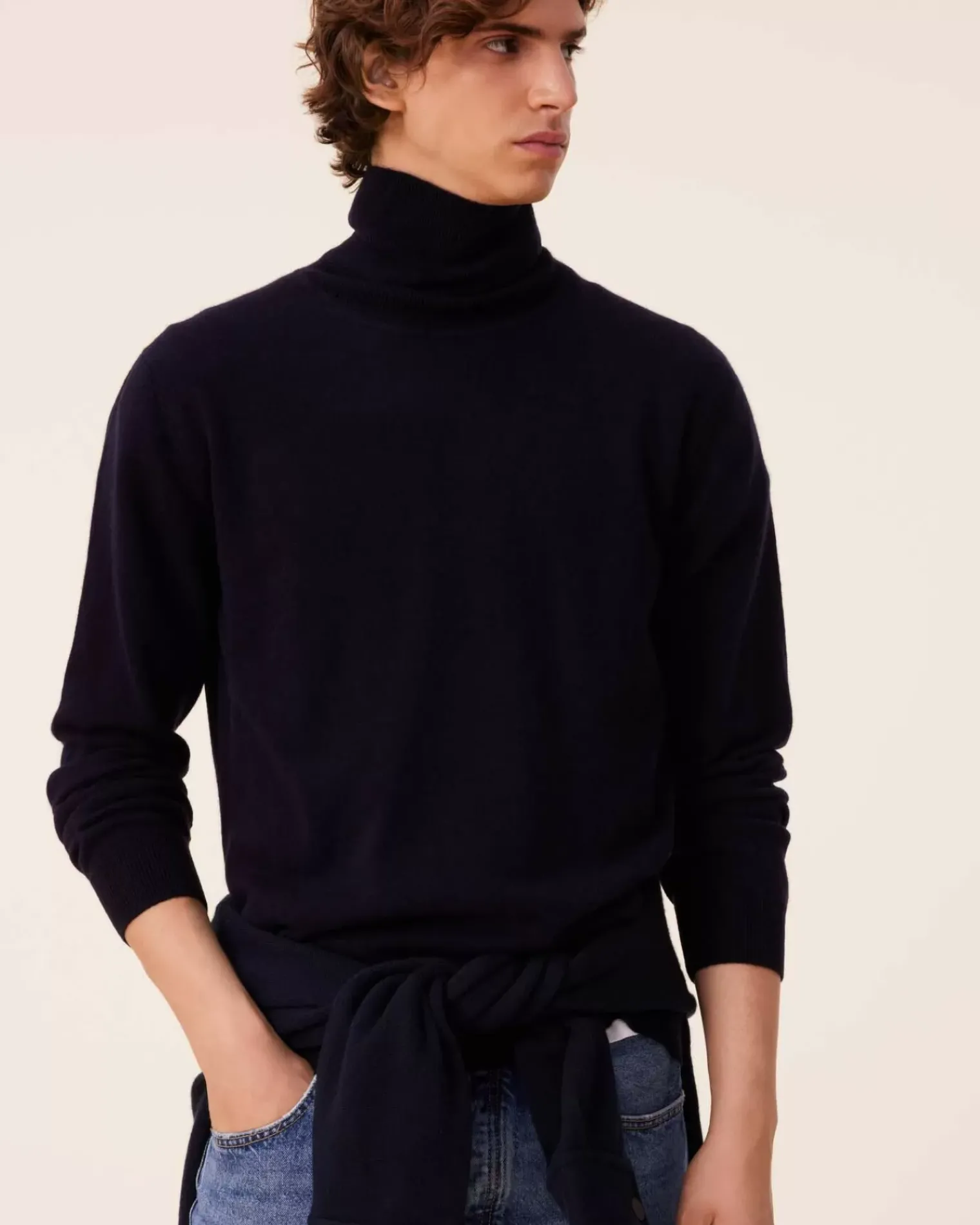 Kujten Sweaters & Sweatshirts>Basic Turtleneck Man Cashmere Sweater, 2-Threads Bleu Marine Fonce