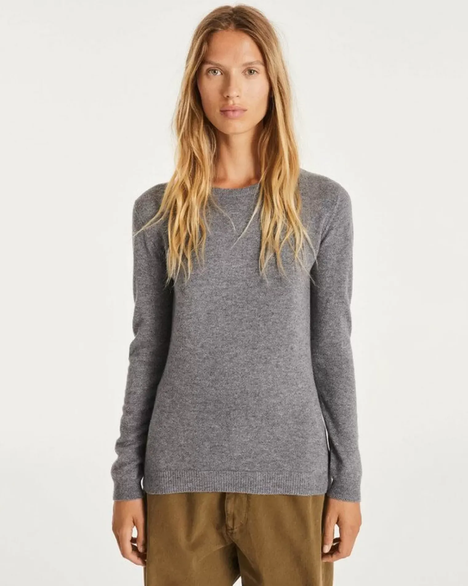 Kujten Sweaters & Sweatshirts>Basic Woman Round Neck Cashmere Sweater, 2-Threads Gris Flanelle