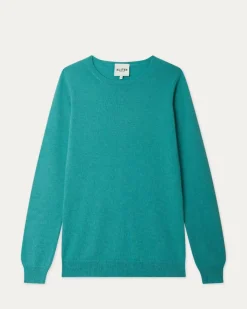 Kujten Sweaters & Sweatshirts>Basic Woman Round Neck Cashmere Sweater Bleu Turquoise Chine