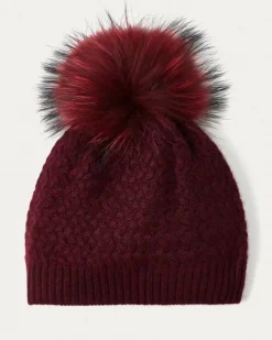Kujten Hats & Headbands>Basket Weave Cashmere Hat With Pompom Bordeaux