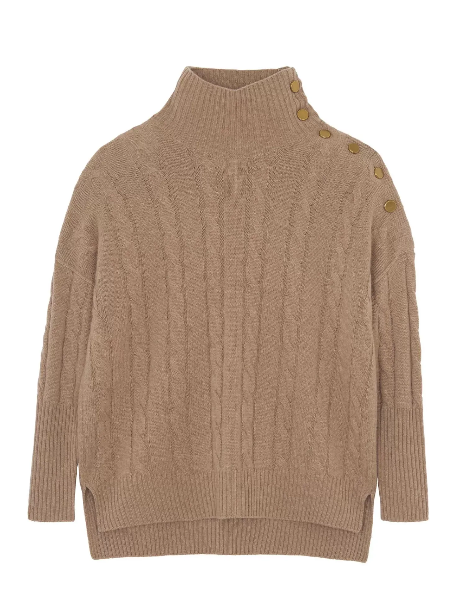 Kujten Sweaters & Sweatshirts>Buttons Chimney Neck Cashmere Sweater, 4-Threads Camelo