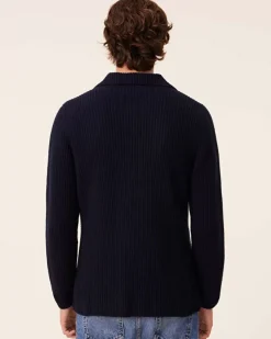 Kujten Jackets & Vests>Cardigan Stitch Cashmere Blazer Jacket, 6-Threads Bleu Marine Fonce
