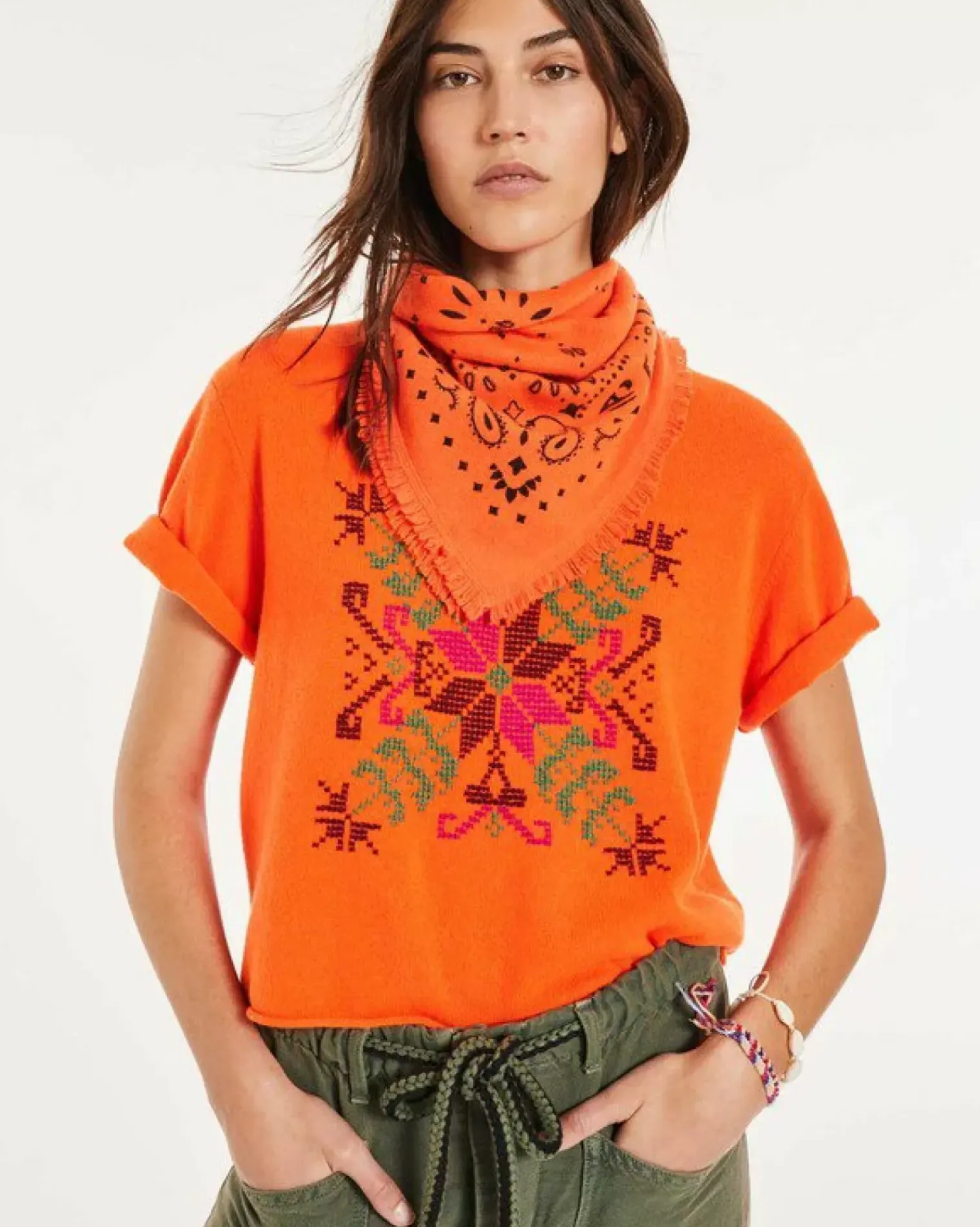 Kujten Scarves & Snoods>Cashmere Bandana Orange Fluo