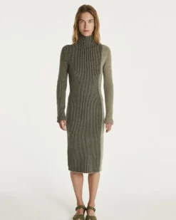Kujten Dresses & Skirts>Cashmere Dress Women Long Turtleneck Kaki Chine