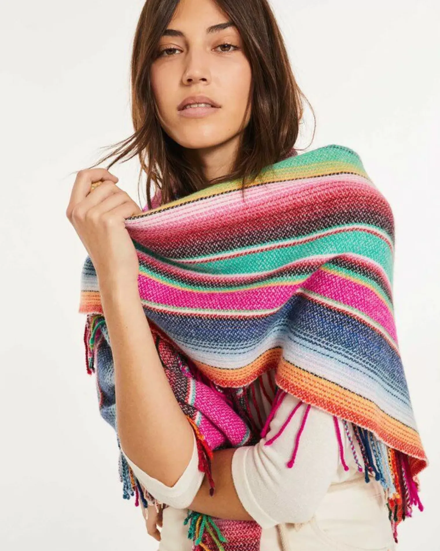 Kujten Bandanas>Cashmere Fringe Shawl Rose Magenta