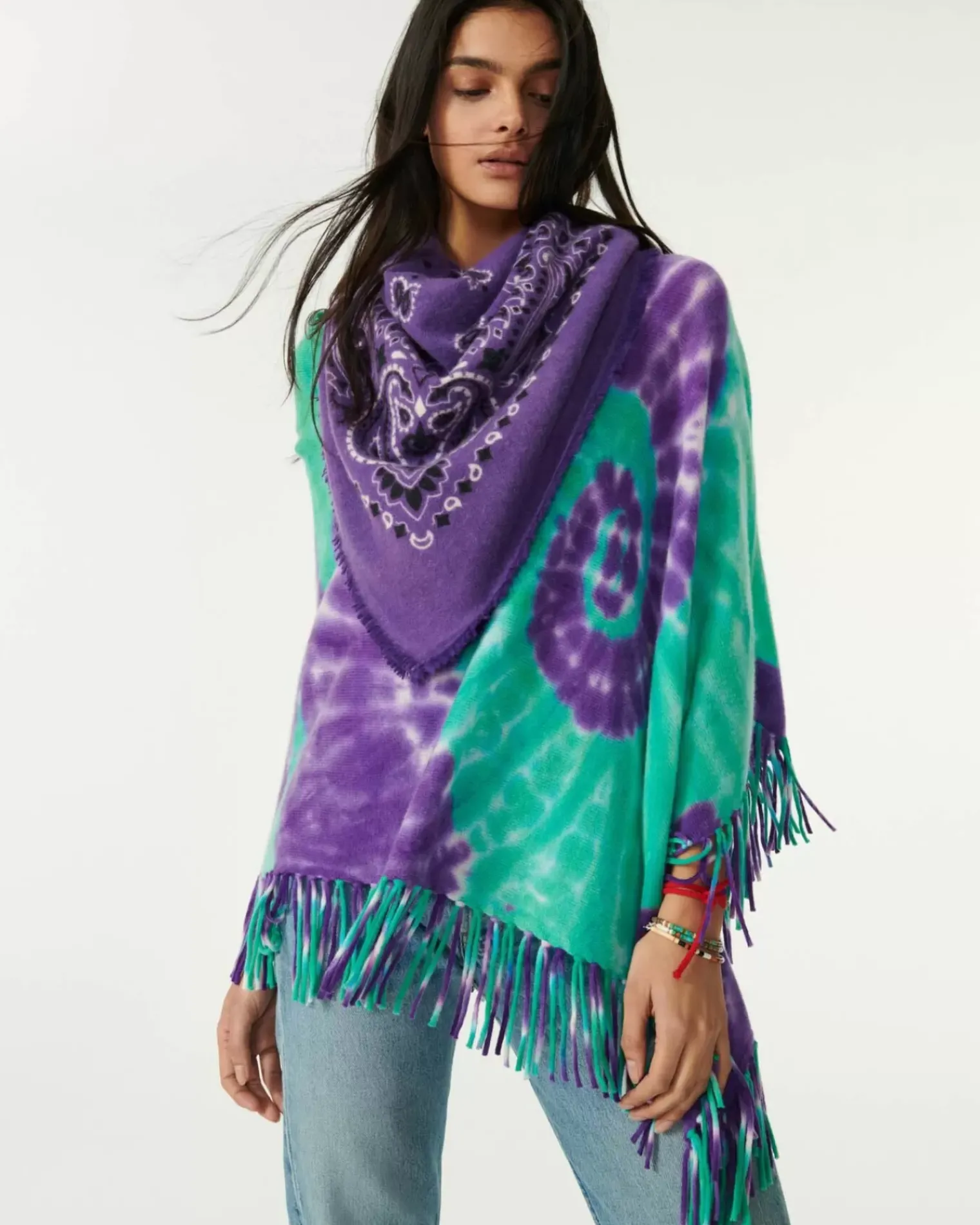 Kujten Capes & Ponchos>Cashmere Fringed Poncho Deep Purple