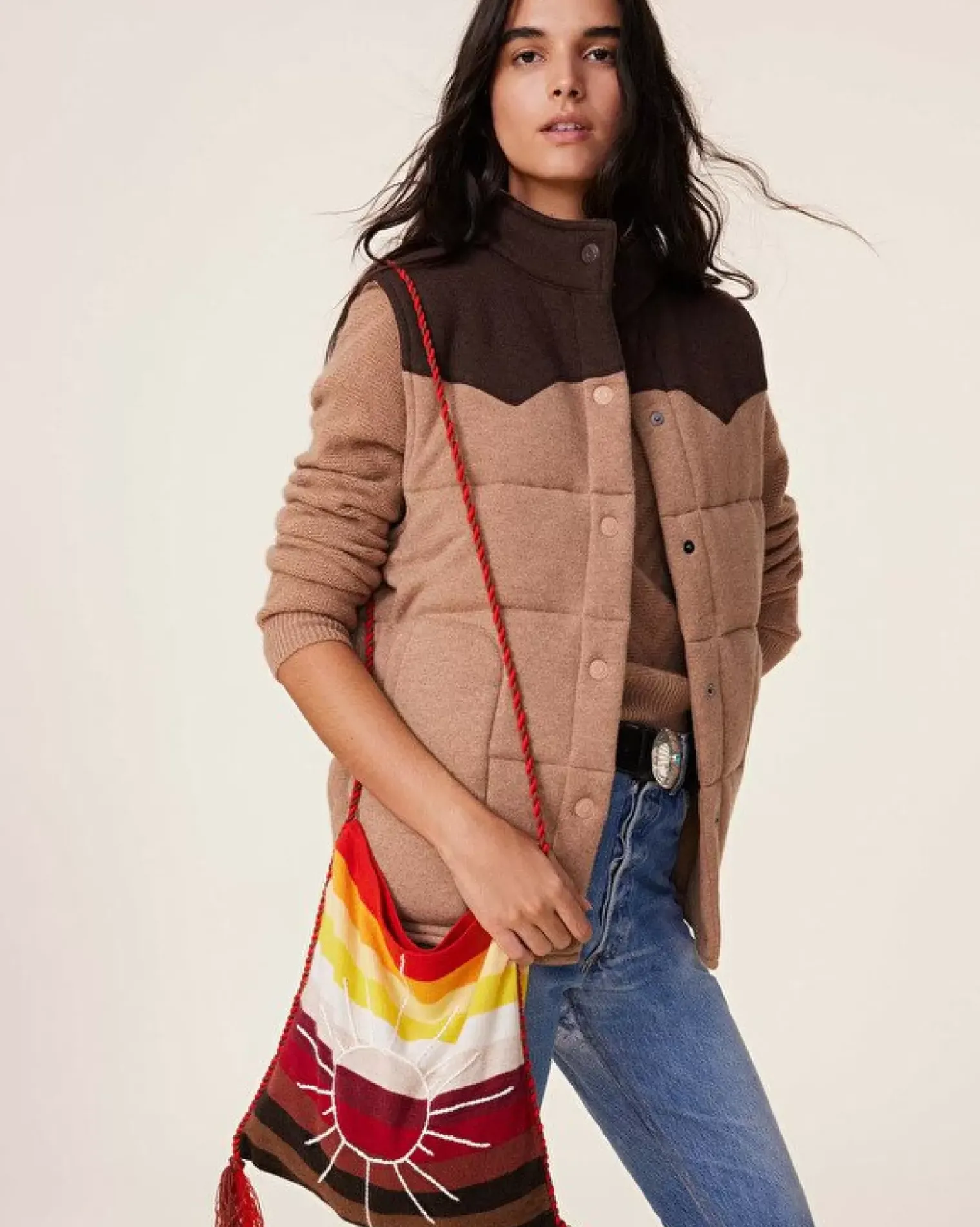 Kujten Bags>Cashmere Hand-Embroidered Striped Bag With Pompoms Camelo