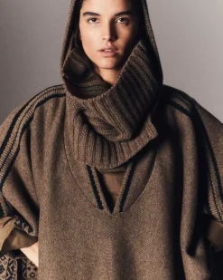 Kujten Capes & Ponchos>Cashmere Hooded Poncho Kaki Moss