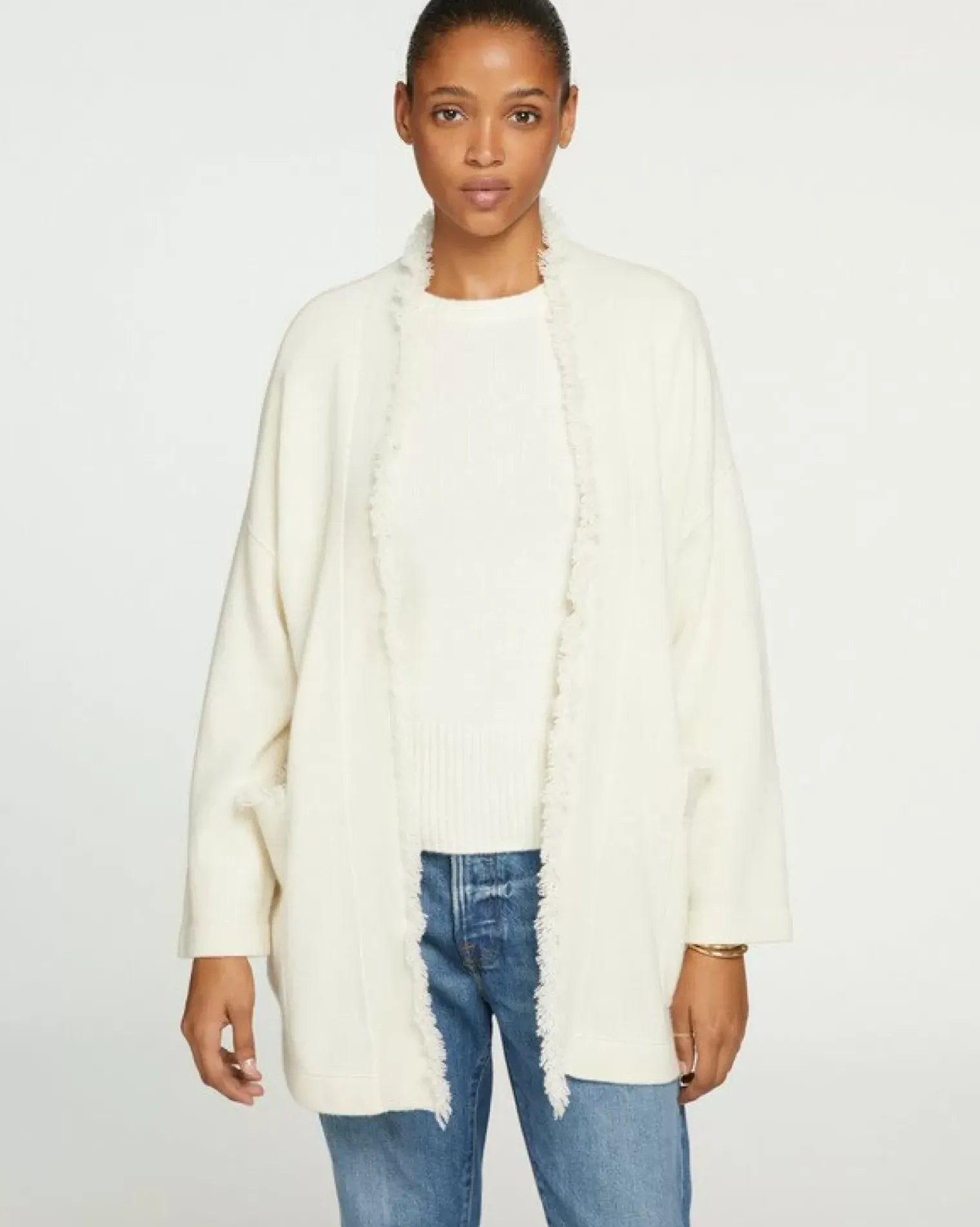 Kujten Jackets & Vests>Cashmere Long Fringed Vest Blanc Vintage