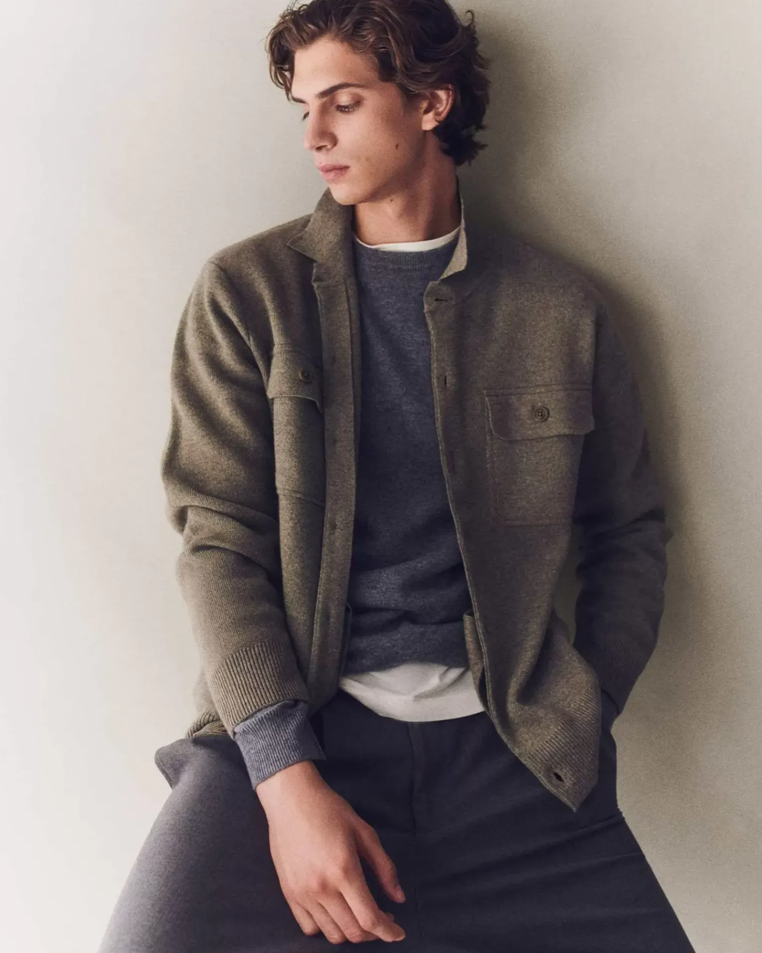 Kujten Jackets & Vests>Cashmere Overshirt, 2-Threads Kaki Chine