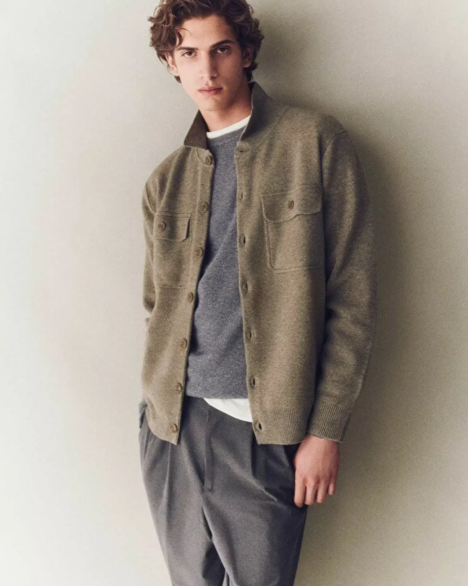 Kujten Jackets & Vests>Cashmere Overshirt, 2-Threads Kaki Chine