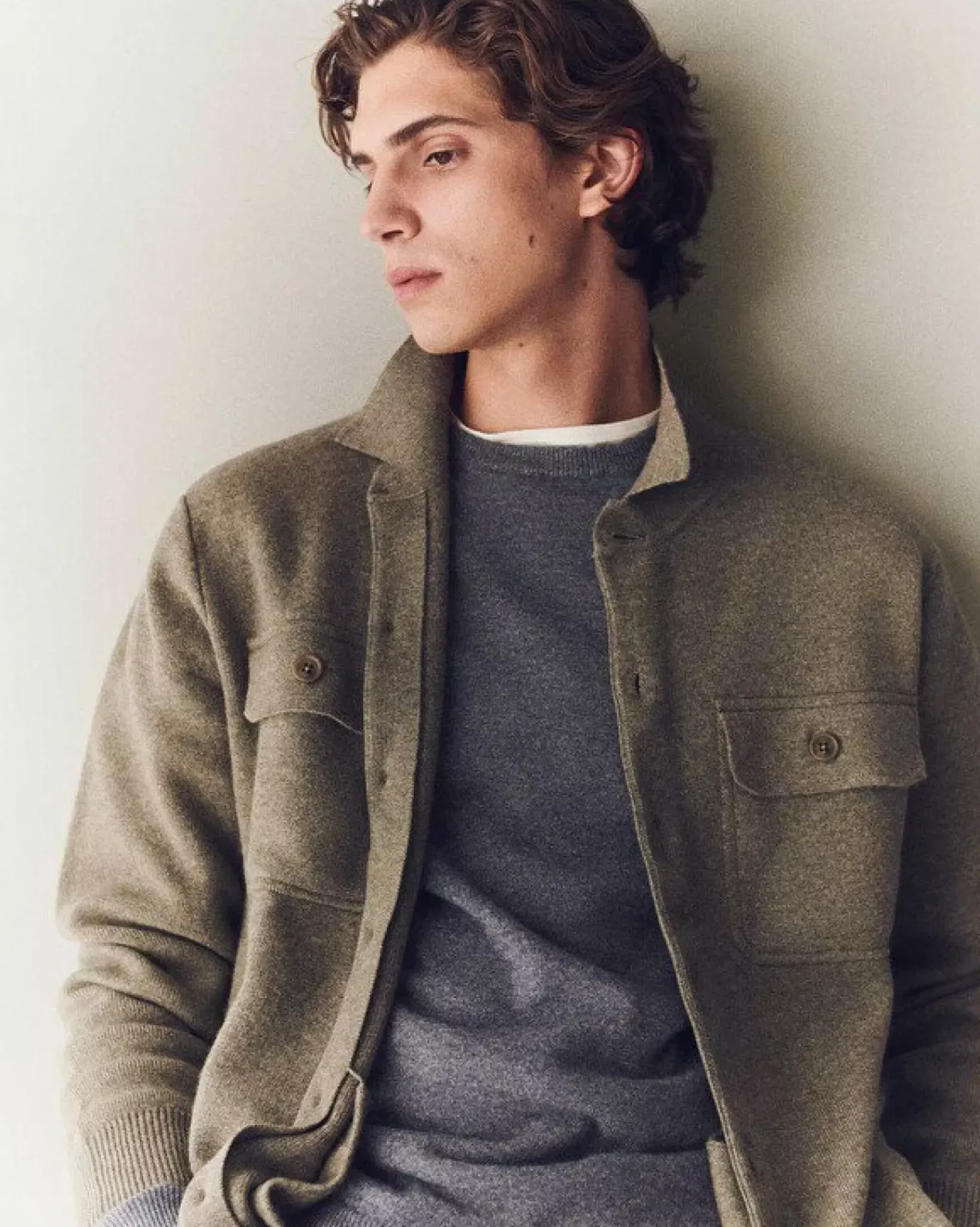 Kujten Jackets & Vests>Cashmere Overshirt, 2-Threads Kaki Chine