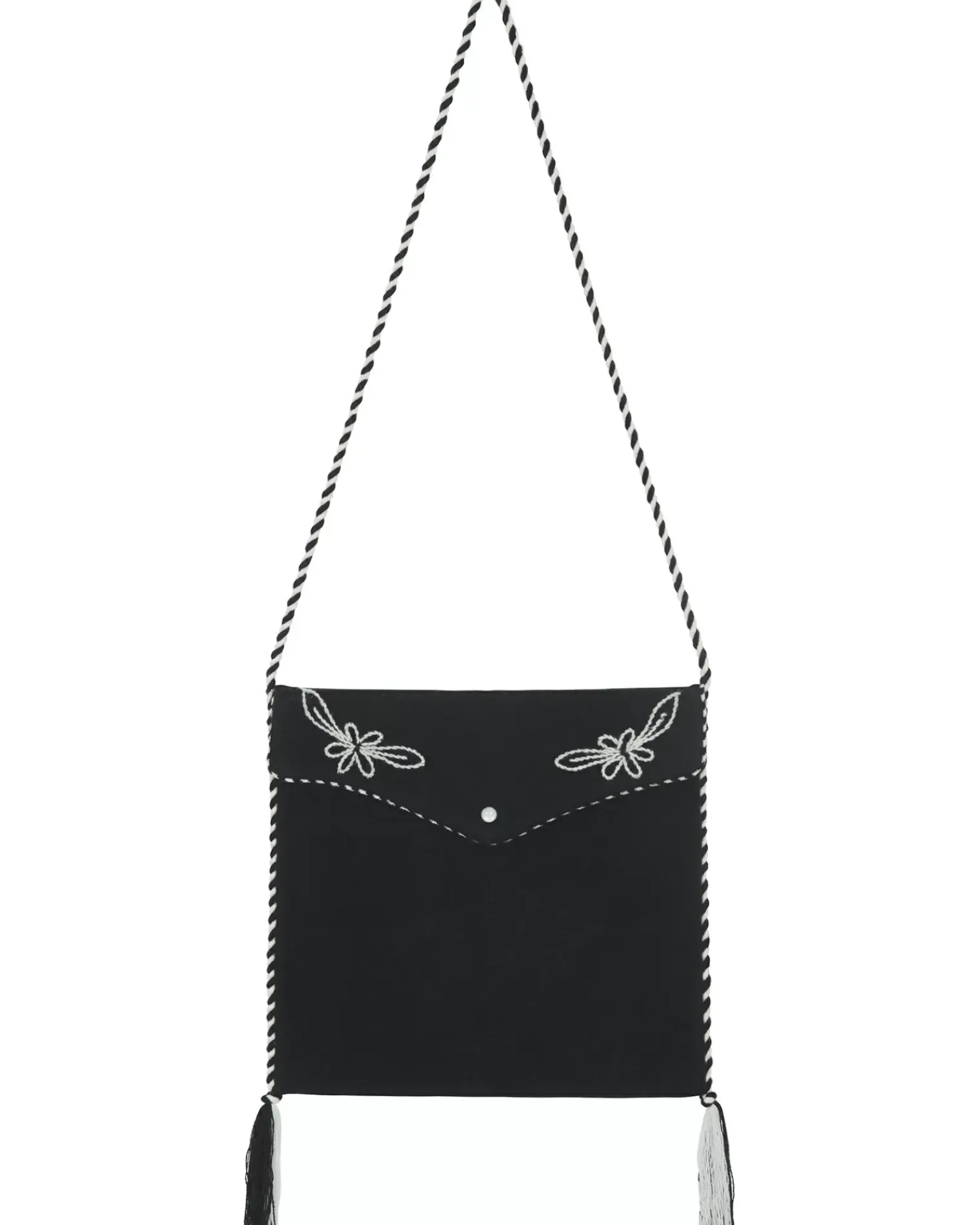 Kujten Bags>Cashmere Pipping Hand-Embroidered Flap Bag With Pompoms Noir