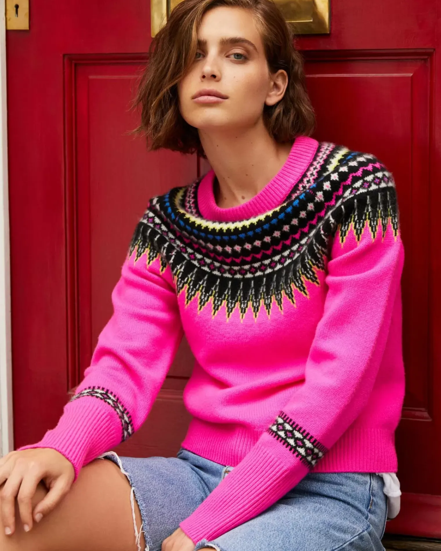 Kujten Sweaters & Sweatshirts>Cashmere Round Neck Mittens Ski Sweater Rose Neon