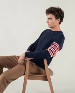 Kujten Sweaters & Sweatshirts>Cashmere Round Neck Sweater With Bands Bleu Marine Fonce