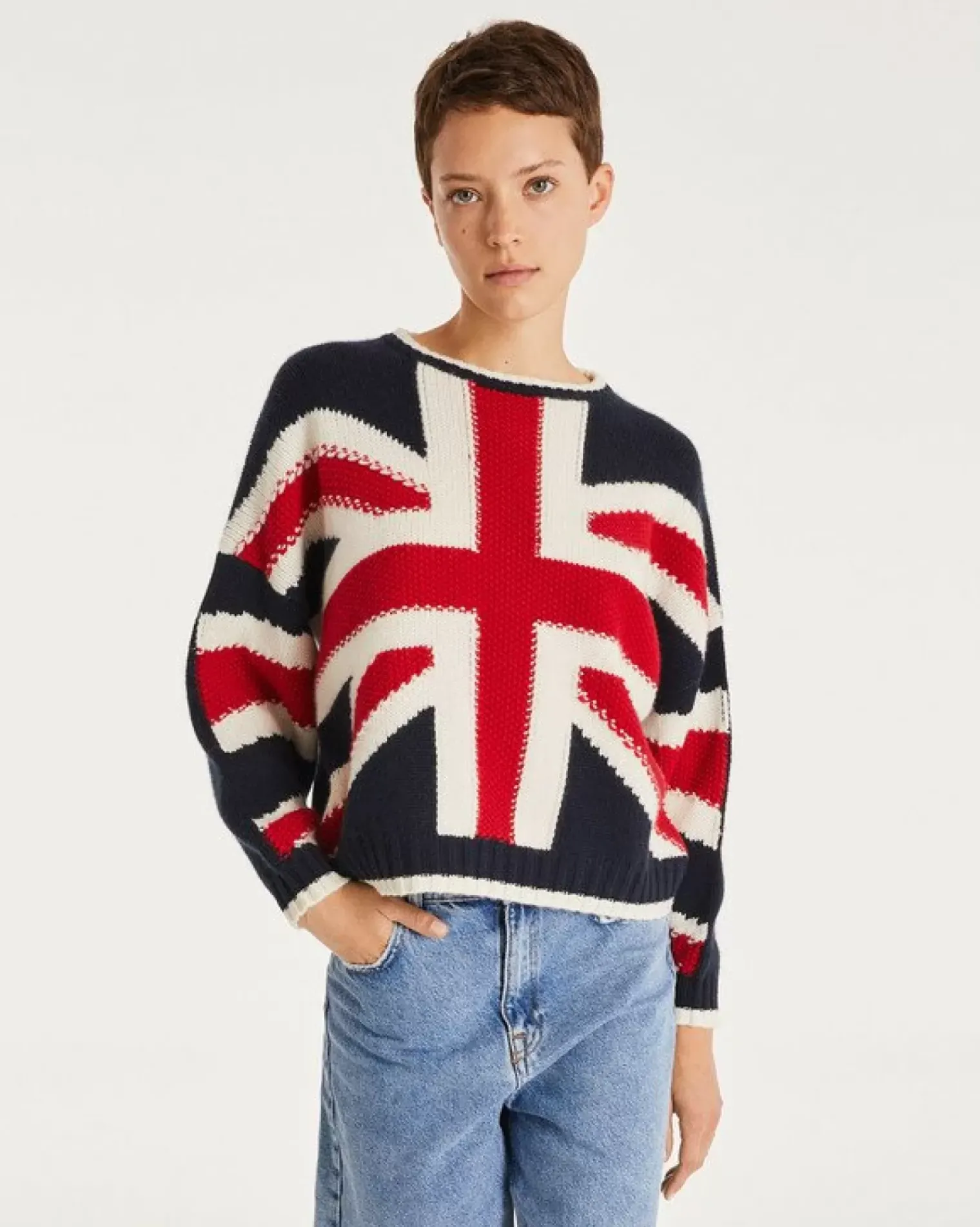 Kujten Sweaters & Sweatshirts>Cashmere Short Round Neck Uk Flag Sweater Bleu Marine Fonce