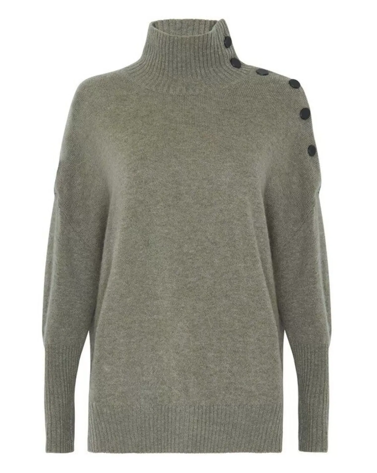 Kujten Sweaters & Sweatshirts>Cashmere Sweater With Black Buttons, 4-Threads Kaki Chine