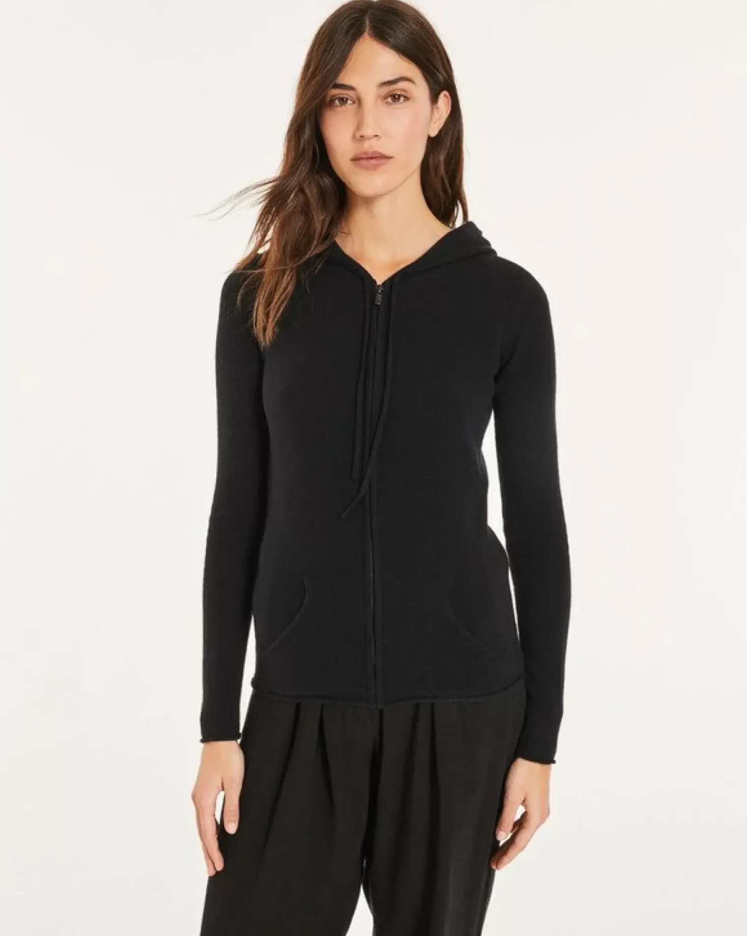 Kujten Hoodies>Cashmere Zipped Hooded Jacket, 2-Threads Noir