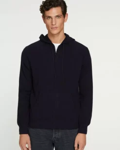 Kujten Hoodies>Cashmere Zipped Hooded Jacket, 2-Threads Bleu Marine Fonce