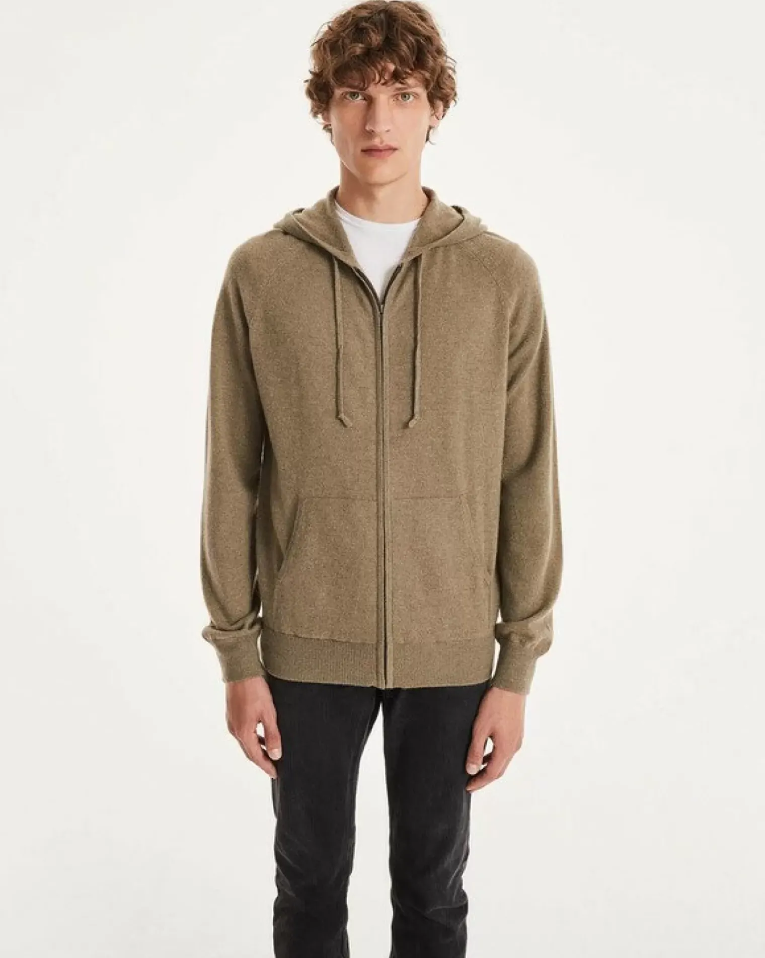 Kujten Hoodies>Cashmere Zipped Hooded Jacket Kaki Chine