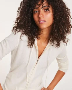 Kujten Hoodies>Cashmere Zipped Hooded Jacket, 2-Threads Blanc
