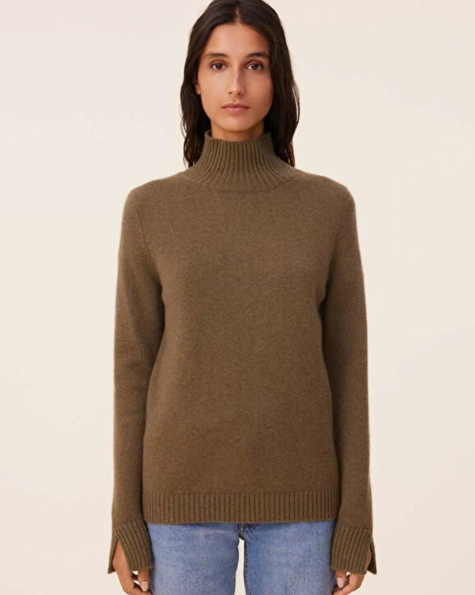 Kujten Sweaters & Sweatshirts>Chimney Neck Cashmere Sweater, 4-Threads Kaki Scout