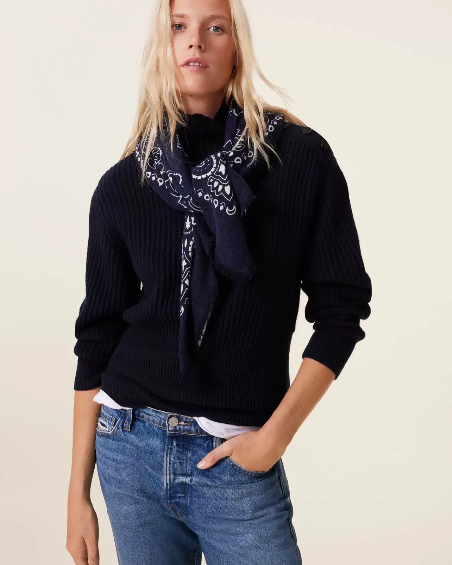 Kujten Sweaters & Sweatshirts>Chimney Neck Cashmere Sweater, 6-Threads Bleu Marine Fonce