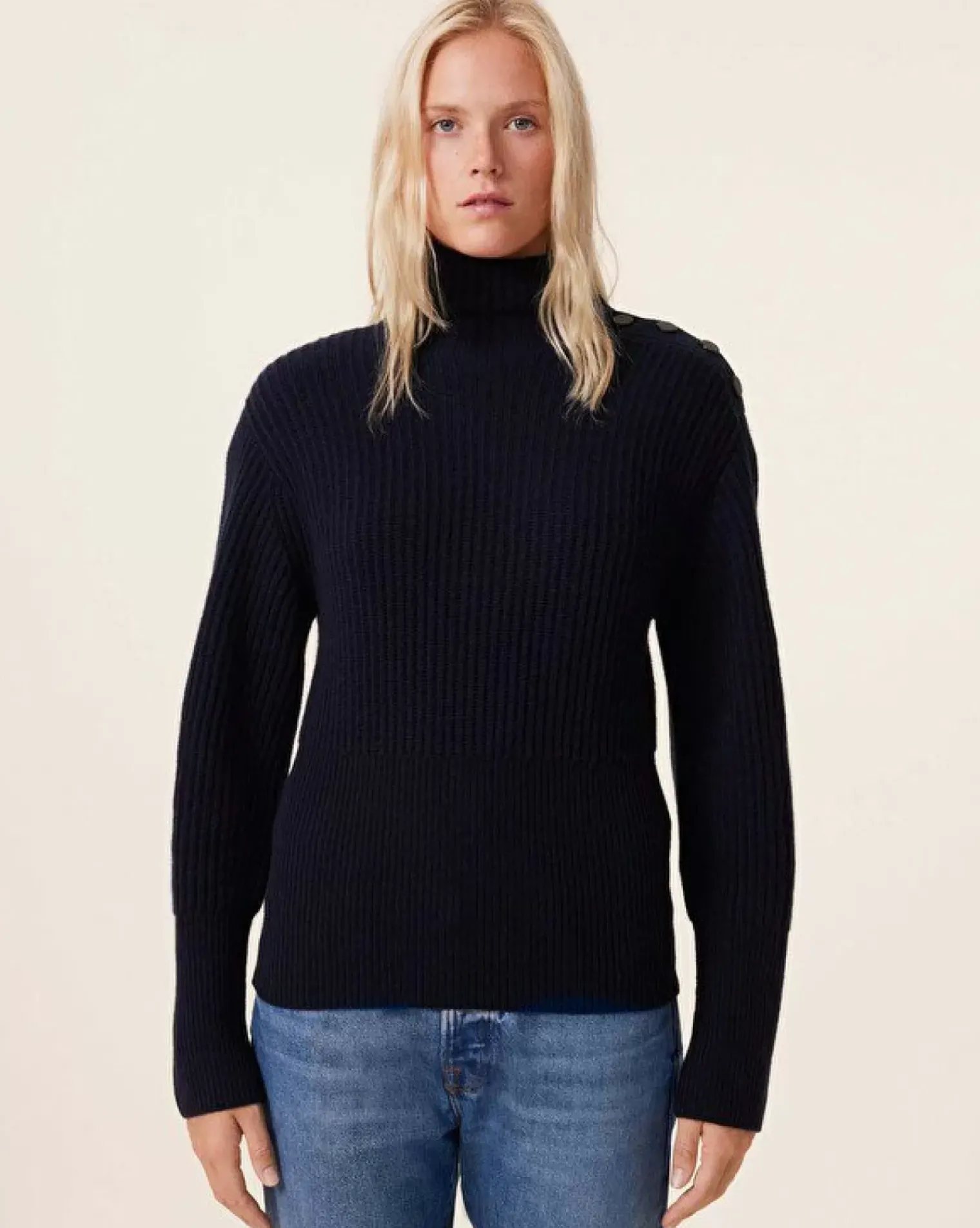 Kujten Sweaters & Sweatshirts>Chimney Neck Cashmere Sweater, 6-Threads Bleu Marine Fonce