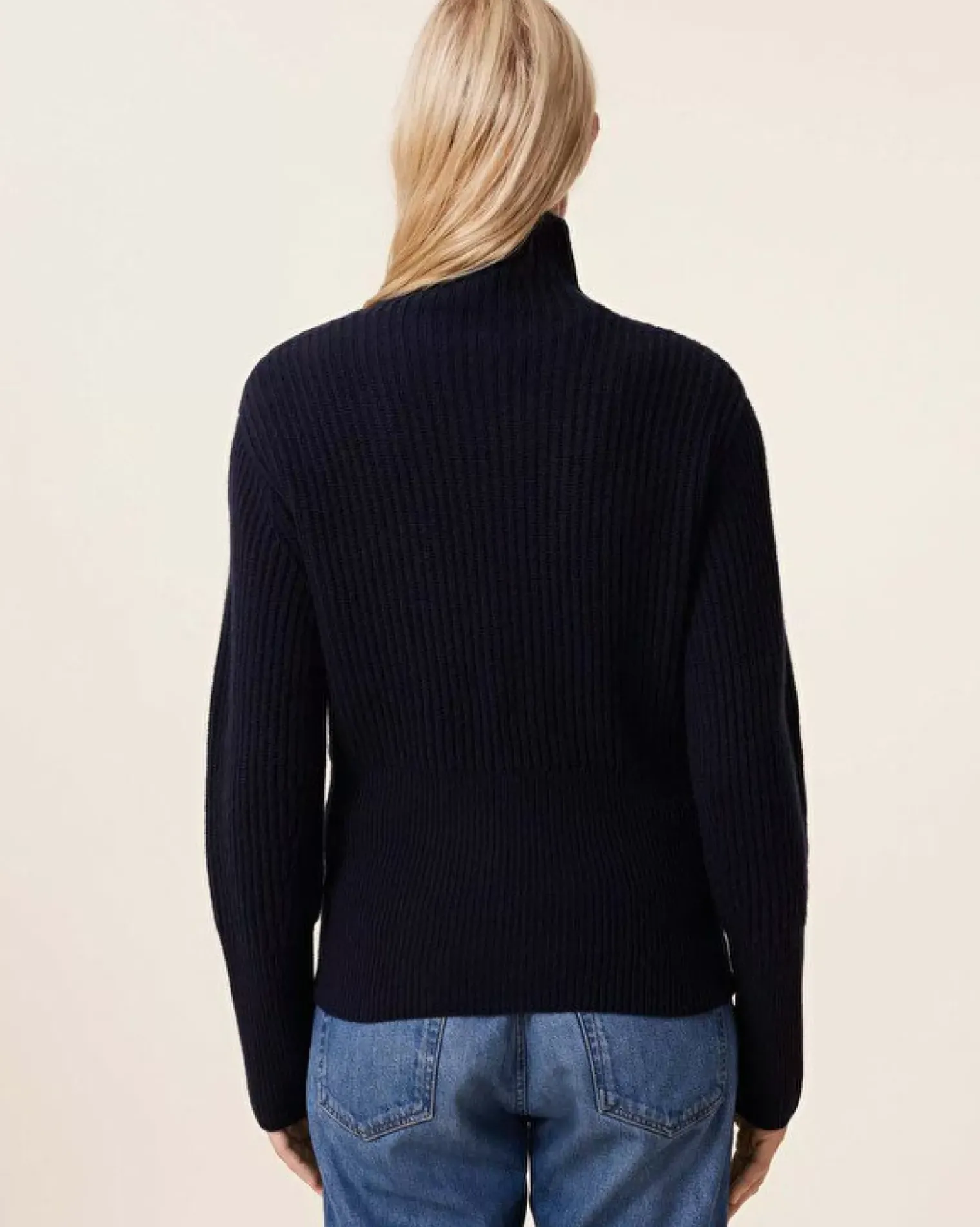 Kujten Sweaters & Sweatshirts>Chimney Neck Cashmere Sweater, 6-Threads Bleu Marine Fonce