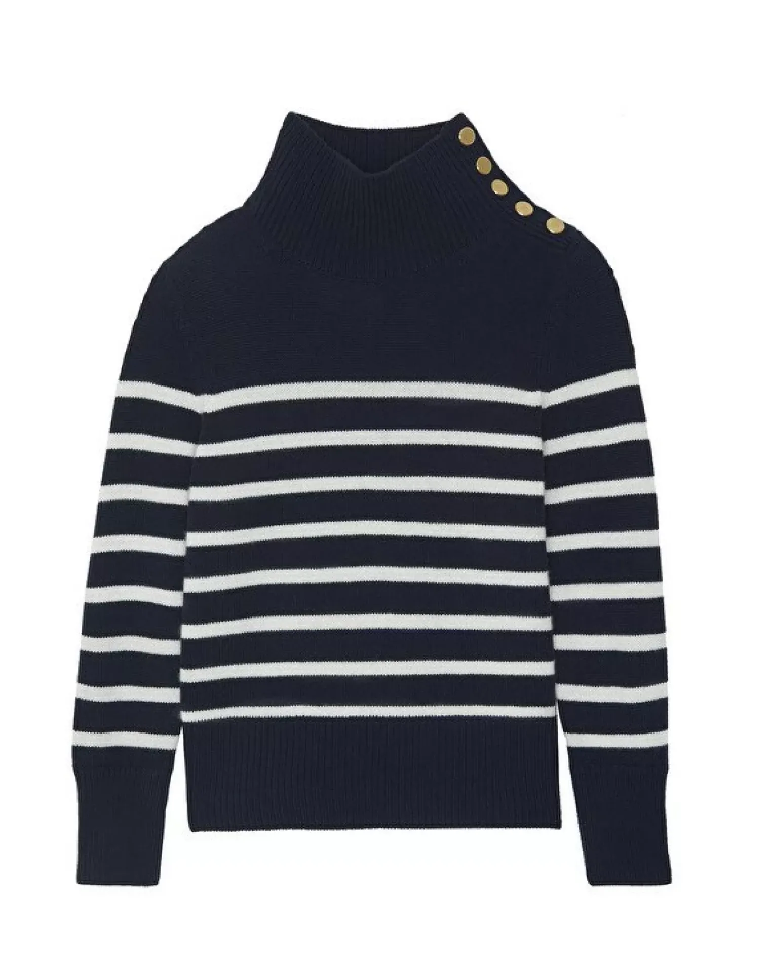 Kujten Sweaters & Sweatshirts>Chimney Neck Mariniere Cashmere Sweater, 6-Threads Bleu Marine Fonce