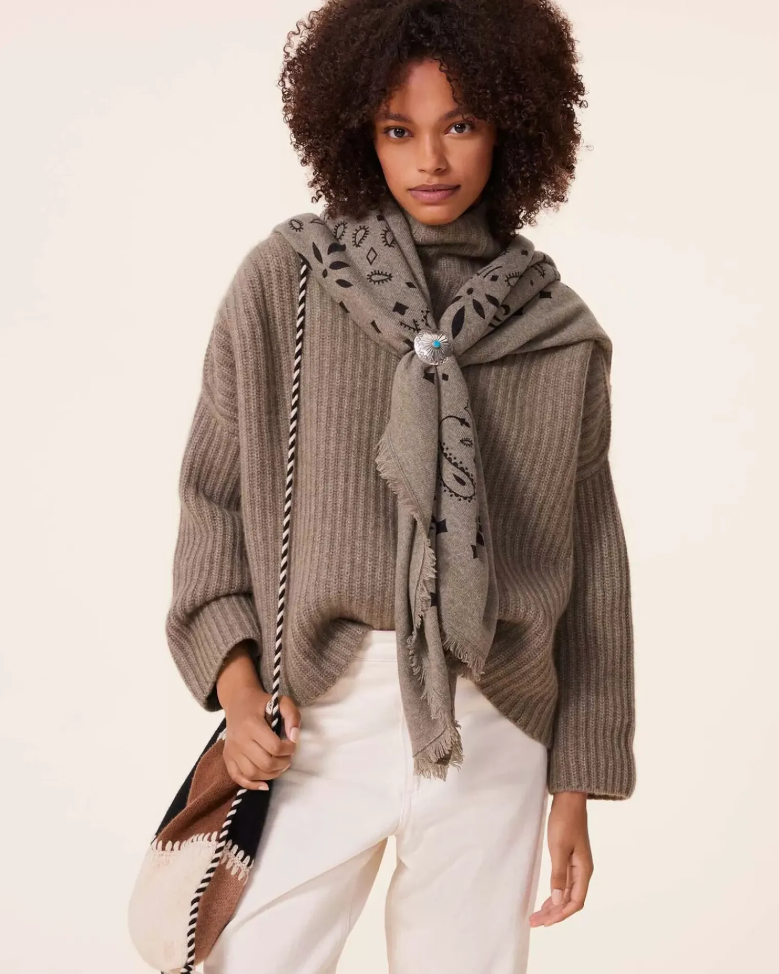 Kujten Sweaters & Sweatshirts>Chimney Neck Oversize Cashmere Sweater, 10-Threads Kaki Chine