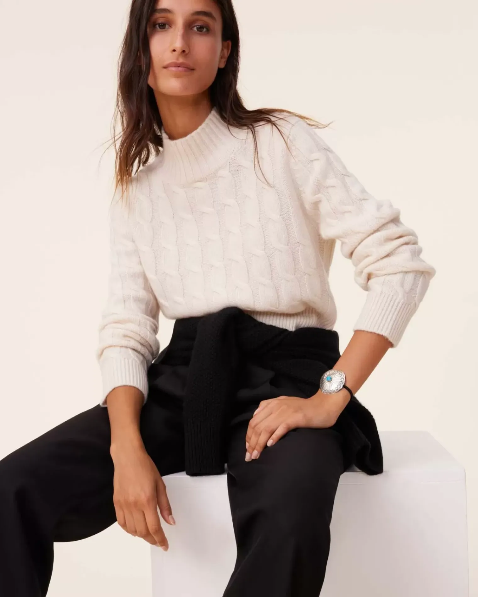 Kujten Sweaters & Sweatshirts>Chimney Neck Twisted Cashmere Sweater, 6-Threads Blanc
