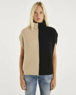 Kujten Sweaters & Sweatshirts>Colorblock Turtleneck Cashmere Sweater Noir Beige