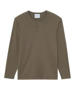 Kujten Sweaters & Sweatshirts>Cotton-Cashmere Henley Neck Thin Sweater Kaki Chine