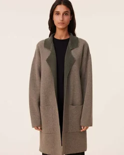 Kujten Coats>Double Sided Long Cashmere Blazer Jacket, 2-Threads Kaki Chine